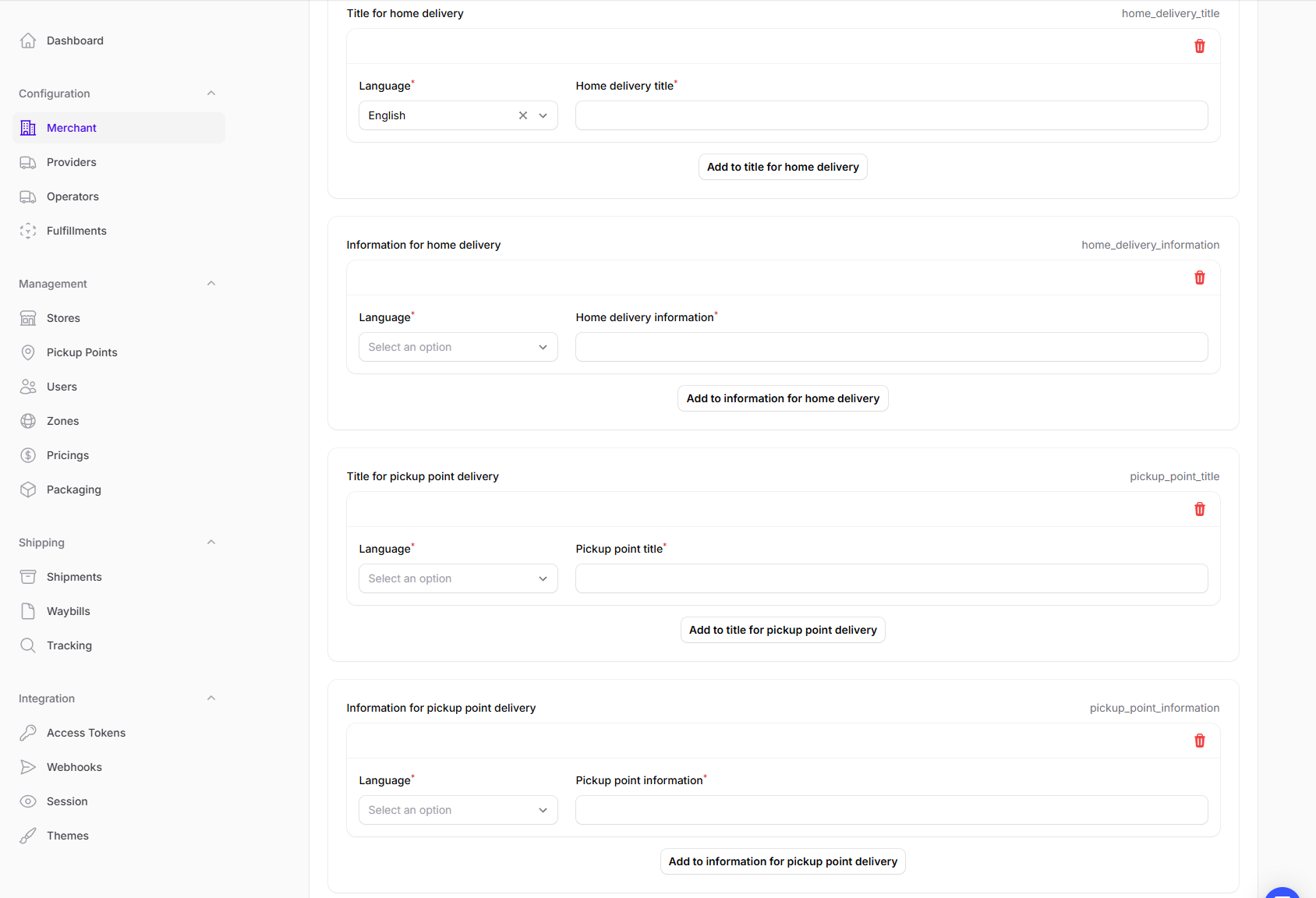 Delivery information for your merchant
